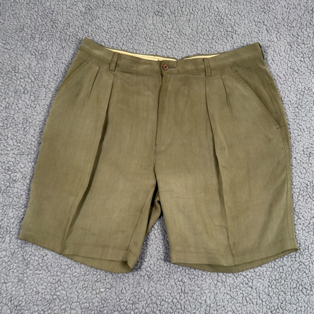 Tommy Bahama Shorts Mens 38 Green Silk Pleated Chino Casual Beach Summer 9 In